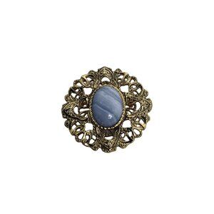 Vintage Round Gold Tone With Oval Blue Lace Agate Stone Brooch (5388)